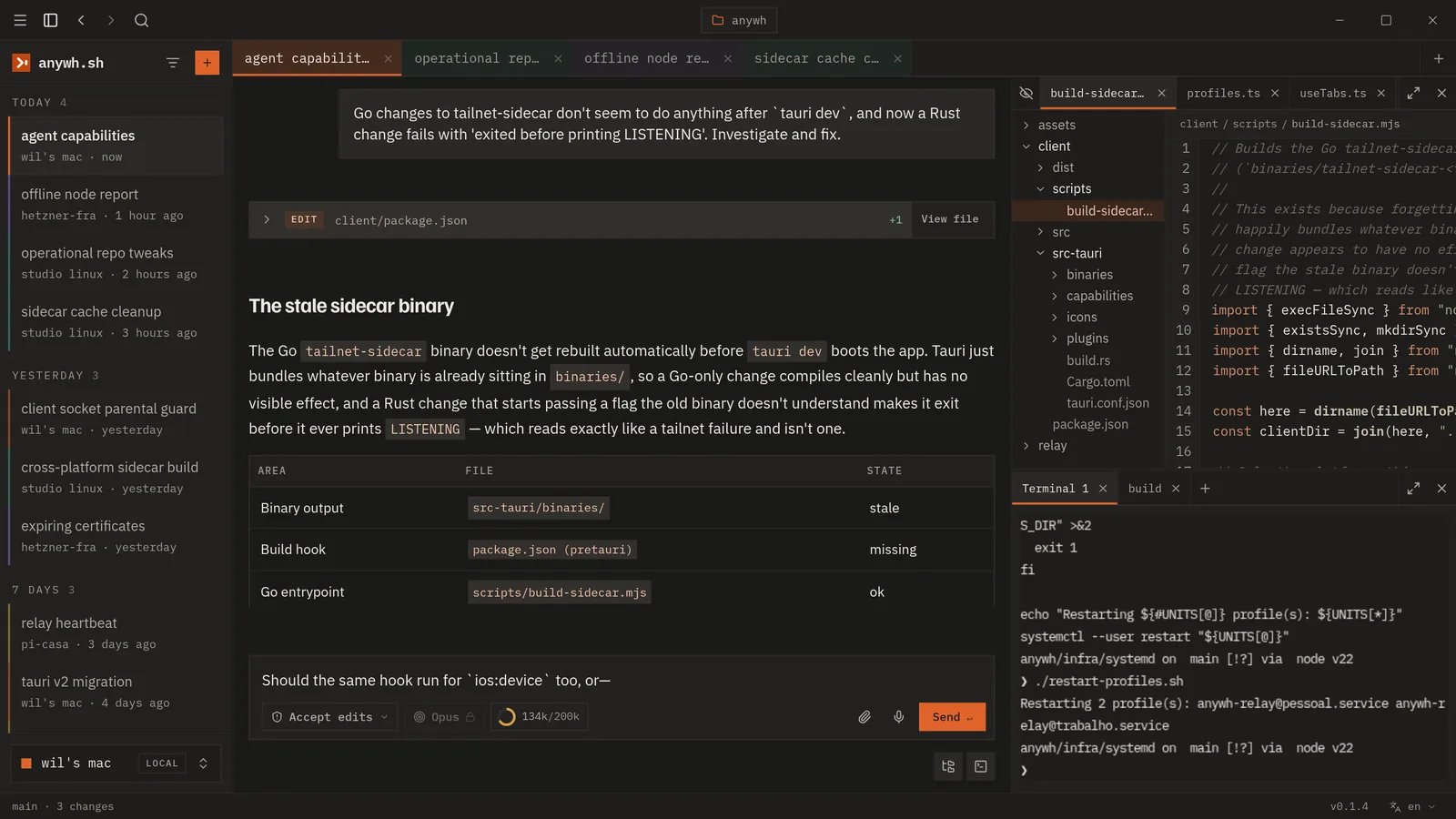 The anywh.sh desktop app: a coding session with its conversation, file tree and terminal