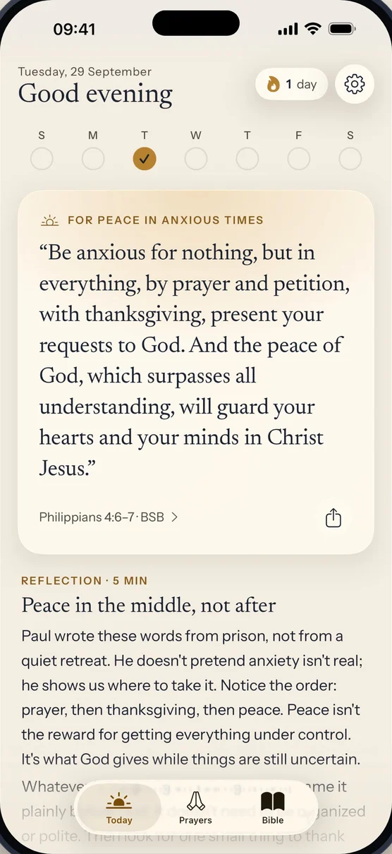 Gloryward's Today screen: a verse for peace in anxious times and a five-minute reflection.
